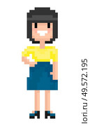 Portrait view of smiling pixel girl wearing dress and heels, standing superhero woman in flat and geometric style, posing female character vector. Pixeleted character for video-game or app 8bit game. Woman Pixel Character in Dress, Squared Vector. Стоковая иллюстрация, агентство Ingram Publishing / Фотобанк Лори