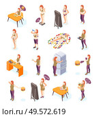 Woman on diet isometric recolor set with women eating looking in mirror struggling with excess weight vector illustration. Стоковая иллюстрация, агентство Ingram Publishing / Фотобанк Лори