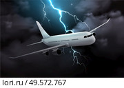 Airplane night storm realistic composition with image of passenger jet in thunderstorm clouds with thunderbolt image vector illustration. Стоковая иллюстрация, агентство Ingram Publishing / Фотобанк Лори