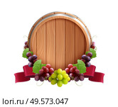 Wooden barrel emblem realistic composition with vine grapes and red ribbon tied round the wine cask vector illustration. Стоковая иллюстрация, агентство Ingram Publishing / Фотобанк Лори