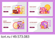 Quest game flat 4x1 set of horizontal banners with editable text connect buttons and doodle images vector illustration. Стоковая иллюстрация, агентство Ingram Publishing / Фотобанк Лори