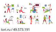 Yoga fitness home flat icons set with ball balance stretching skipping rope chair squats exercises vector illustration. Стоковая иллюстрация, агентство Ingram Publishing / Фотобанк Лори