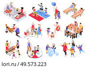 Isometric generation family set with isolated human characters of relatives of different age during various activities vector illustration. Стоковая иллюстрация, агентство Ingram Publishing / Фотобанк Лори