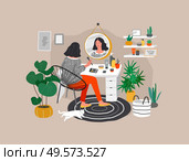 Girl makes make up in front of a mirror for skin care and beauty blogging. Daily life and everyday routine scene by young woman in scandinavian style cozy interior with homeplants. Cartoon vector illustration. Girl makes make up in front of a mirror for skin care and beauty blogging. Daily life and everyday routine scene by young woman in scandinavian, style cozy interior with homeplants. Cartoon vector. Стоковая иллюстрация, агентство Ingram Publishing / Фотобанк Лори