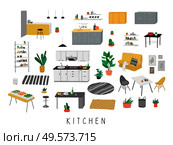Set for kitchen or dining room with stylish comfy furniture and modern home decorations in trendy Scandinavian or hygge style. Cozy Interior furnished home plants. Flat cartoon vector illustration. Set for kitchen or dining room with stylish comfy furniture and modern home decorations in trendy Scandinavian or hygge style. Cozy Interior furnished home plants. Flat cartoon vector. Стоковая иллюстрация, агентство Ingram Publishing / Фотобанк Лори