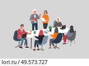 Office or coworking workers sitting at desks and communicating, teamwork meeting. Successful team gathering. Group of young trendy people, startup company. Vector cartoon concept. Office or coworking workers sitting at desks and communicating, teamwork meeting. Successful team gathering. Group of young trendy people, startup company. Vector cartoon. Стоковая иллюстрация, агентство Ingram Publishing / Фотобанк Лори