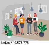 Office or coworking workplace interior with woman worker communicating or talking. Group of young girl take brake at work or teamwork meeting. Successful team gathering. Vector cartoon illustration. Office or coworking workplace interior with woman worker communicating or talking. Group of young girl take brake at work or teamwork meeting. Successful team gathering. Vector cartoon. Стоковая иллюстрация, агентство Ingram Publishing / Фотобанк Лори