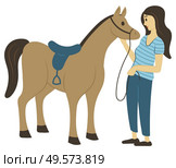 Woman caressing horse, full length view of female in casual clothes standing near stallion, rider and animal character with saddle, riding hobby. Vector illustration in flat cartoon style. Riding Hobby, Rider Girl, Horse with Saddle Vector. Стоковая иллюстрация, агентство Ingram Publishing / Фотобанк Лори