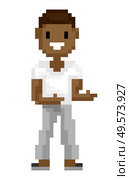 Smiling pixel character shooting, portrait and full length view of man in white clothes, male with dark skin, old game, pixel-art computer graphic vector. Man Pixel Character Shooting, Old Game Vector. Стоковая иллюстрация, агентство Ingram Publishing / Фотобанк Лори
