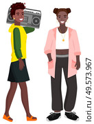 Teen girls afro woman vector, isolated characters with boombox. Stylish personage wearing sweater and wide pants, hairstyle of female smiling stereo system. Youth Teenagers with Boombox Radio Music Vector. Стоковая иллюстрация, агентство Ingram Publishing / Фотобанк Лори