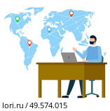 Map of world with geotags vector, location pointers on global representation flat style international business. Businessman sitting by table working on laptop, coder support worldwide management. Worker Sitting by Table Working on Laptop Map. Стоковая иллюстрация, агентство Ingram Publishing / Фотобанк Лори