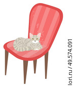 Kitten relaxing on soft pink armchair vector, isolated kitty on chair grey purring pet in home. Stool with fabric designed in vintage style pouffe. Cat Sitting on Chair, Kitty Kitten Pet on Armchair. Стоковая иллюстрация, агентство Ingram Publishing / Фотобанк Лори