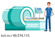 Doctor novice on practice in hospital vector, mri magnetic resonance imaging machine. Isolated doc assistant with patients, equipment for diagnostics. Machine MRI Magnetic Resonance Imaging and Doc. Стоковая иллюстрация, агентство Ingram Publishing / Фотобанк Лори