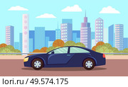 Dark blue small car, vehicle on city background. Sedan or hatchback stand on asphalted road or highway. Beautiful landscape of town with skyscrapers. Vector cartoon illustration in flat style. Car on Asphalted City Road, Landscape of Town. Стоковая иллюстрация, агентство Ingram Publishing / Фотобанк Лори