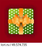 Gift in box with golden bow vector. Celebration of holiday, special even congratulations. Xmas or birthday present. Package in wrapping paper with polka dot print. Container with surprise flat style. Present for Special Occasion, Birthday or Xmas. Стоковая иллюстрация, агентство Ingram Publishing / Фотобанк Лори