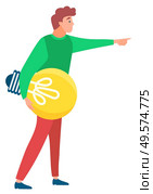 Young man with yellow light bulb pointing at something isolated on white. New bright idea, business ambitions concept flat cartoon vector illustration. Busines creative idea. Man with Light Bulb, Business Idea Vector Image. Стоковая иллюстрация, агентство Ingram Publishing / Фотобанк Лори