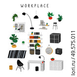 Set for workplace or home office with stylish comfy furniture and modern home decorations in trendy Scandinavian or hygge style. Cozy Interior furnished home plants. Flat cartoon vector illustration. Set for workplace or home office with stylish comfy furniture and modern home decorations in trendy Scandinavian or hygge style. Cozy Interior furnished home plants. Flat cartoon vector. Стоковая иллюстрация, агентство Ingram Publishing / Фотобанк Лори