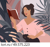 Sweet girl reading a book and resting with a cat and coffee. Feminine Daily life and everyday routine scene by young woman in home interior with homeplants. Sweet girl reading a book and resting with a cat and coffee. Feminine Daily life and everyday routine scene by young woman in home interior. Стоковая иллюстрация, агентство Ingram Publishing / Фотобанк Лори