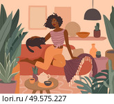 Cute african girl resting with a cat on couch. Feminine Daily life and everyday routine scene by young woman in home interior with homeplants. Cartoon vector illustration. Cute african girl resting with a cat on couch. Feminine Daily life and everyday routine scene by young woman in home interior with homeplants. Cartoon vector. Стоковая иллюстрация, агентство Ingram Publishing / Фотобанк Лори