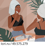 Cute girl with towel on head care for her skin after bathing, cleanses face and makeup. Feminine Daily life by young woman in bathroom interior with homeplants. Cartoon vector illustration. Happy cute girl having breakfast in the morning after bath, read the newspaper and resting with cat. Feminine Daily life by young woman in home interior with homeplants. Cartoon vector. Стоковая иллюстрация, агентство Ingram Publishing / Фотобанк Лори
