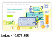 Checking account vector, man with pen ready to sign check with personal information, transaction of money. Banking system and banking of people. Website or webpage template, landing page flat style. Checking Accounts, Man Signing Check Website Web. Стоковая иллюстрация, агентство Ingram Publishing / Фотобанк Лори