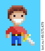 Superhero knight holding sword, cavalier character in suit with steel on blue, portrait and full length view of smiling man, pixel game, duel vector. Knight Holding Steel, Duel Element, Game Vector. Стоковая иллюстрация, агентство Ingram Publishing / Фотобанк Лори