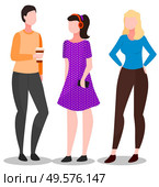 Ladies in casual clothes standing together. Big discount sale for shopaholics females. Purchaser or seller characters speaking, girl holding cup of coffee. Marketing element, woman buyer vector. Friends Shopping Day and Discount Sale Vector. Стоковая иллюстрация, агентство Ingram Publishing / Фотобанк Лори