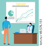Statistics graphic, brokers company, investment rate vector. Man talking by phone at laptop, diagram and chart, analytical data, business and finance. Brokers Company Investment Rate Statistics Graphic. Стоковая иллюстрация, агентство Ingram Publishing / Фотобанк Лори