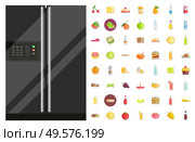 Fridge with temperature controlling panel and set of food isolated icons. Cheese and diary products, food preservation. Refrigerator with broccoli and pear, cake and bread. Freezer device vector. Refrigerator and Set of Food Dishes and Meals. Стоковая иллюстрация, агентство Ingram Publishing / Фотобанк Лори