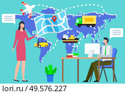 Man and woman working in logistics vector, people with map and location pointer. Flat style character monitoring orders and cargo, plane and lorry, van and ferry for transportation of products. Worldwide Logistics, Shipping Company Support. Стоковая иллюстрация, агентство Ingram Publishing / Фотобанк Лори