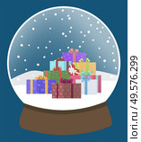 Snow globe with snowflakes and winter landscape. Xmas decoration and tradition gift on winter holidays. Snowfall in glass sphere with presents inside. Christmas and new year celebration vector. Snow Globe with Presents, Glass Ball Xmas Toy. Стоковая иллюстрация, агентство Ingram Publishing / Фотобанк Лори