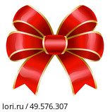 Red ribbon bow with golden borders. Isolated decorative element used in decoration of various items. Gifts presents boxes and cards decor, banners or brochure adornment. Vector in flat style. Red Ribbon Bow Used for Decoration of Gifts Vector. Стоковая иллюстрация, агентство Ingram Publishing / Фотобанк Лори