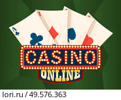 Casino online light board and gambling cards, green cover of risking entertainment. Ace sign and board with lightbulbs, fortune label, business vector. Gambling Cards and Casino Board, Business Vector. Стоковая иллюстрация, агентство Ingram Publishing / Фотобанк Лори