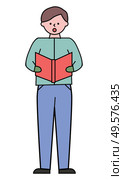 Boy stand alone and sing. Man singing Christmas carol songs. Guy read text of song from vector red book. Person in green shirt and blue pants isolated on white background, picture in minimalism. Man Singing Song or Christmas Carol Standing Alone. Стоковая иллюстрация, агентство Ingram Publishing / Фотобанк Лори
