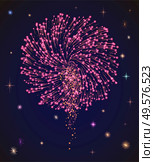 Bright festive firework on holiday celebration. Pyrotechnics show on evening sky among stars. Entertainment for people on diwali. Colorful explosions illustration. Vector picture in flat style. Bright Firework on Night Sky, Celebrating Holiday. Стоковая иллюстрация, агентство Ingram Publishing / Фотобанк Лори
