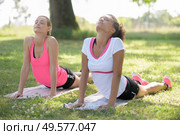 two young fit women doing pilates exercise lifting upperbody outdoors. Стоковое фото, агентство Ingram Publishing / Фотобанк Лори