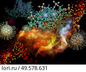 3D Rendering of  Coronavirus virus particle and three-dimensional abstract molecular elements on the subject of interaction of viral bodies and micro environment or immune system. Стоковое фото, агентство Ingram Publishing / Фотобанк Лори