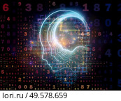 Emergence of the Mind series. Background of human head silhouettes and number grids on the subject of general artificial intelligence and modern technology. Стоковое фото, агентство Ingram Publishing / Фотобанк Лори