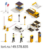 Parking isometric set with traffic signs meter  entrance ticket police officer tow truck evacuator booth vector illustration. Стоковая иллюстрация, агентство Ingram Publishing / Фотобанк Лори