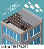 Flat roof waterproofing with polymer bitumen mastic and ruberoid gradient insulation closeup isometric composition vector illustration. Стоковая иллюстрация, агентство Ingram Publishing / Фотобанк Лори