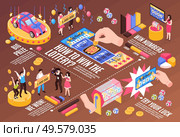 Isometric fortune lottery win horizontal flowchart composition with editable text captions prizes and drawing balls images vector illustration. Стоковая иллюстрация, агентство Ingram Publishing / Фотобанк Лори