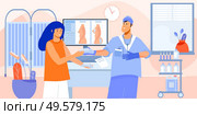 Plastic surgeon consultation for breast enlarging surgery with doctor showing patient implants in his office vector illustration. Стоковая иллюстрация, агентство Ingram Publishing / Фотобанк Лори