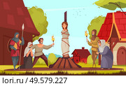 Medieval people witch composition woman tied to stake people came to the execution vector illustration. Стоковая иллюстрация, агентство Ingram Publishing / Фотобанк Лори