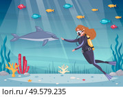 Diving snorkeling cartoon composition with ocean underwater scenery and sea plants with fishes and female diver vector illustration. Стоковая иллюстрация, агентство Ingram Publishing / Фотобанк Лори