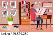 Flat background with male book illustrator drawing at his desk in study vector illustration. Стоковая иллюстрация, агентство Ingram Publishing / Фотобанк Лори