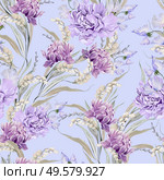 Beautiful watercolor seamless pattern with leaves  and purple peony flowers. Illustration. Beautiful watercolor seamless pattern with leaves  and purple peony flowers. . Стоковое фото, агентство Ingram Publishing / Фотобанк Лори