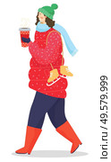 Female character walking at street wearing winter clothes and drinking hot tea or coffee. Lady with skating shoes enjoying hot beverage from plastic cup. Personage in wellingtons, vector in flat. Woman Drinking Coffee and Wearing Warm Clothes. Стоковая иллюстрация, агентство Ingram Publishing / Фотобанк Лори