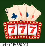 777 icons and deck of ace playing cards on green color. Roulette signboard with lightbulb, gambling entertainment, label of casino, business success vector. Casino Label, Business Success, 777 Win Vector. Стоковая иллюстрация, агентство Ingram Publishing / Фотобанк Лори