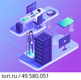 Worker communication with computer, wireless device, data center, element of PC support. Male character with laptop in office. Web service, business technology, 3d view of supercomputer vector. Computer Communication, Data Center, PC Vector. Стоковая иллюстрация, агентство Ingram Publishing / Фотобанк Лори