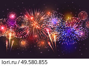Realistic fireworks border composition with night sky background and colourful splashes with flying particles and specks vector illustration. Стоковая иллюстрация, агентство Ingram Publishing / Фотобанк Лори